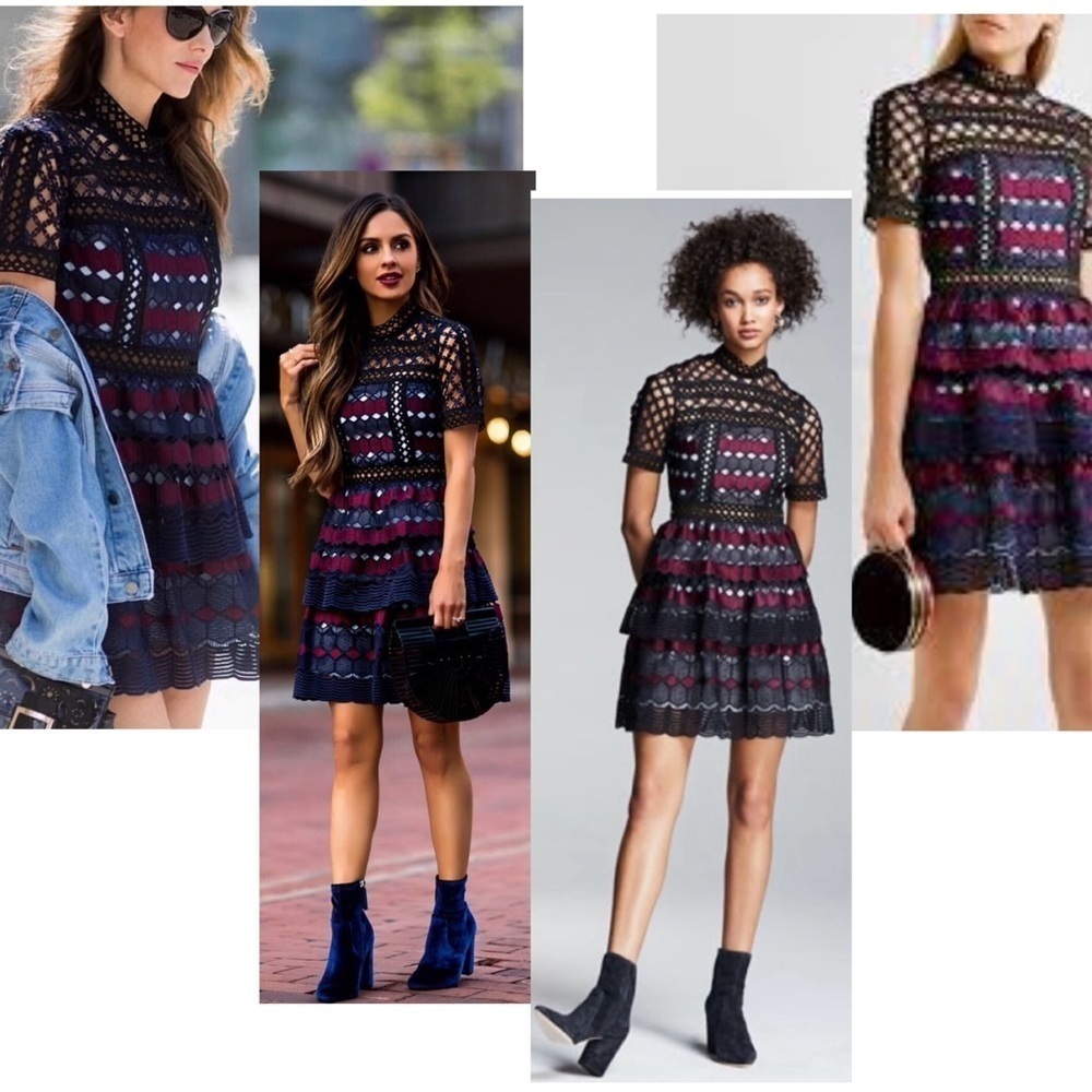Self-Portrait Hexagon Lace Mini Dress short sleeve high neck ruffle frill 4 NWOT